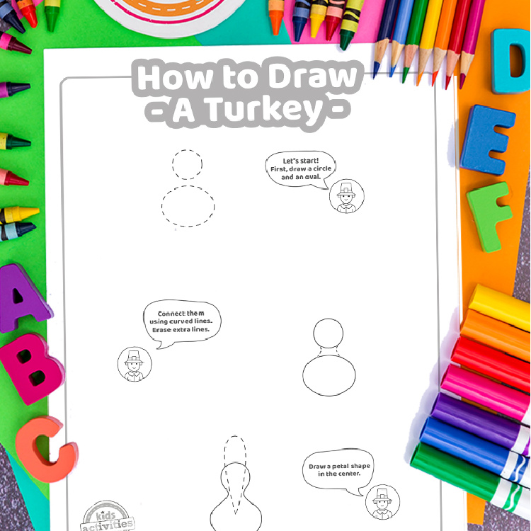 pdf instructional guide to draw a turkey shown on page one with colorful crayons and markers around and Kids Activities Blog logo