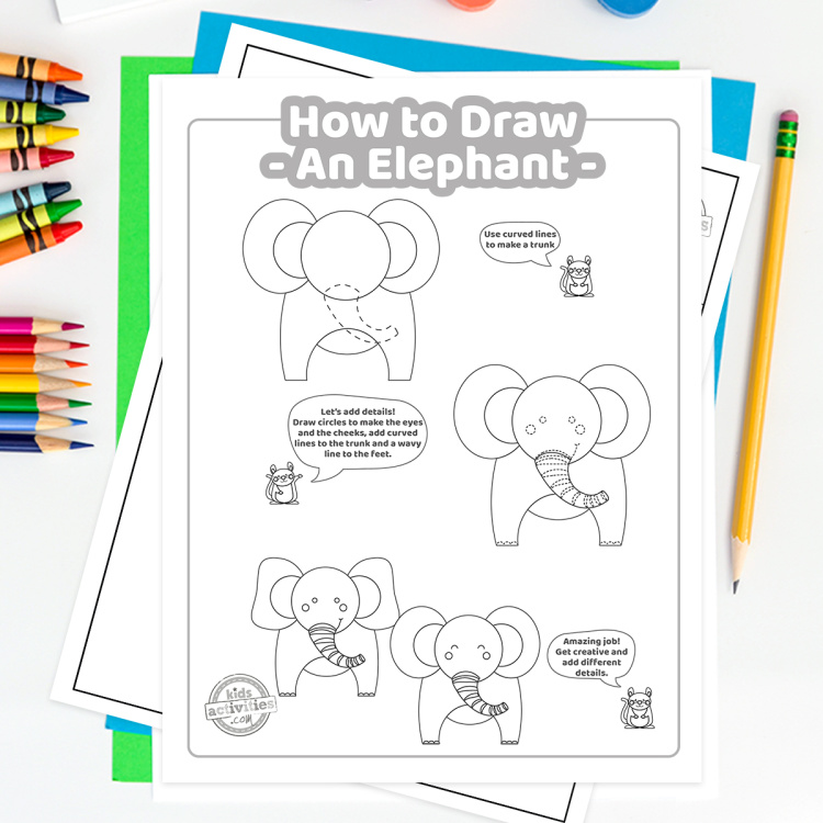 How to Draw elephant Tutorial from Kids Activities Blog - Play Ideas - elephant drawing steps shown on pdf print out of drawing guide