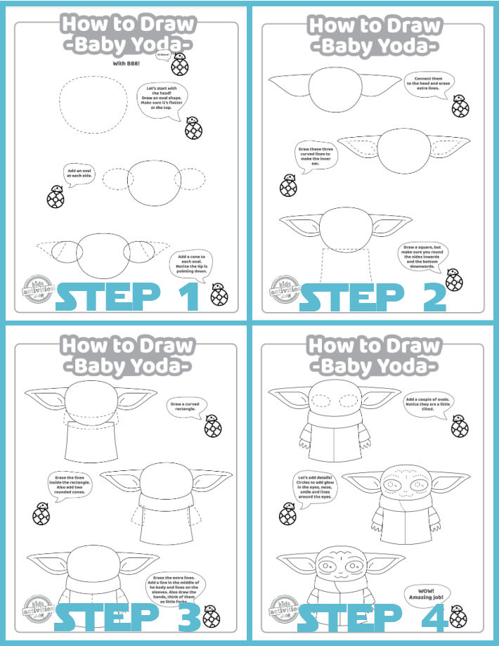 Printable pdf steps for making an easy Baby Yoda drawing for kids